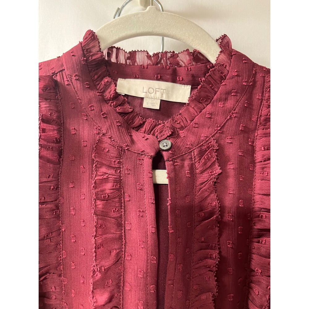 Loft Womens 2‎ Piece Set Burgundy Clip Dot Ruffle Blouse & Plaid Slim Pants 2 S - Picture 2 of 6